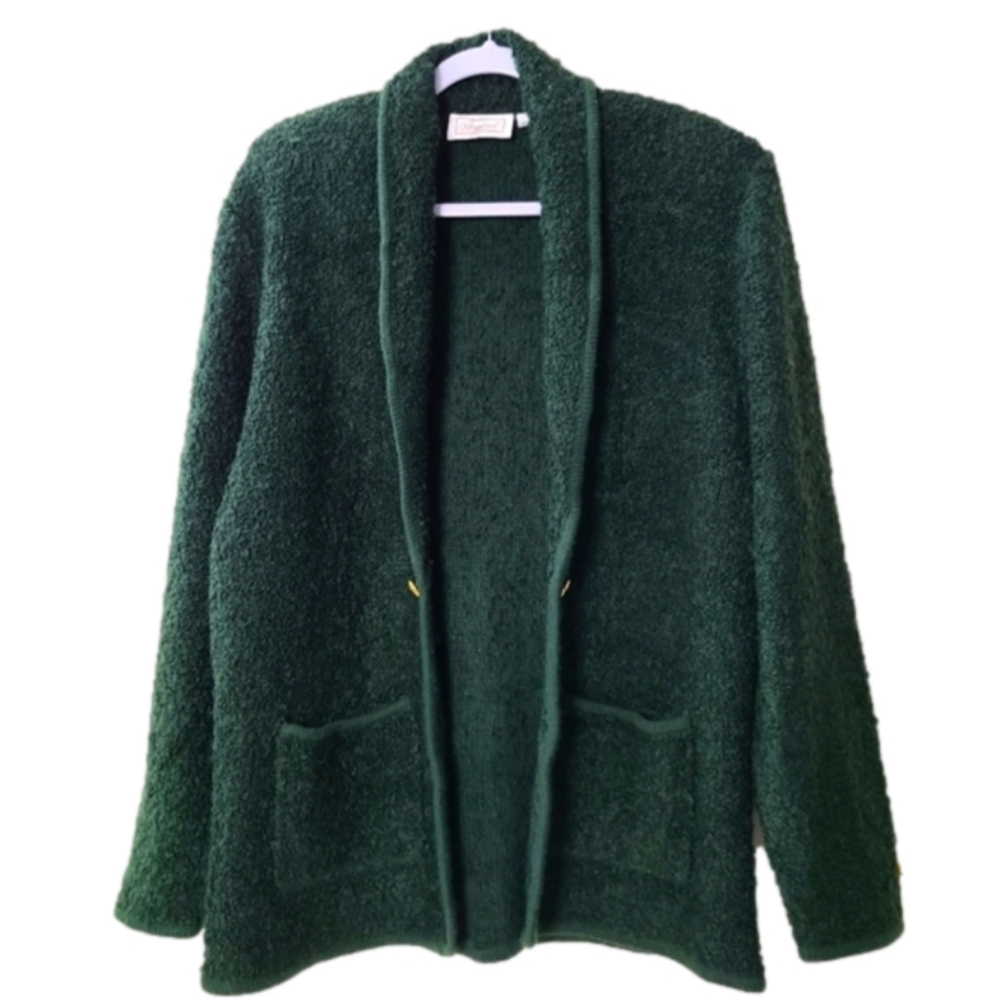 Traditions Women’s Vintage Green Open Poodle Knit Cardigan Size M Cozy Retro